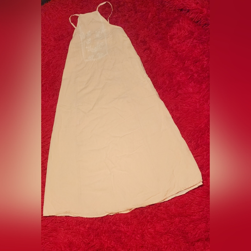 Zara Embroidered Halter Midi Dress Beige Boho XS Tie Back Flowy